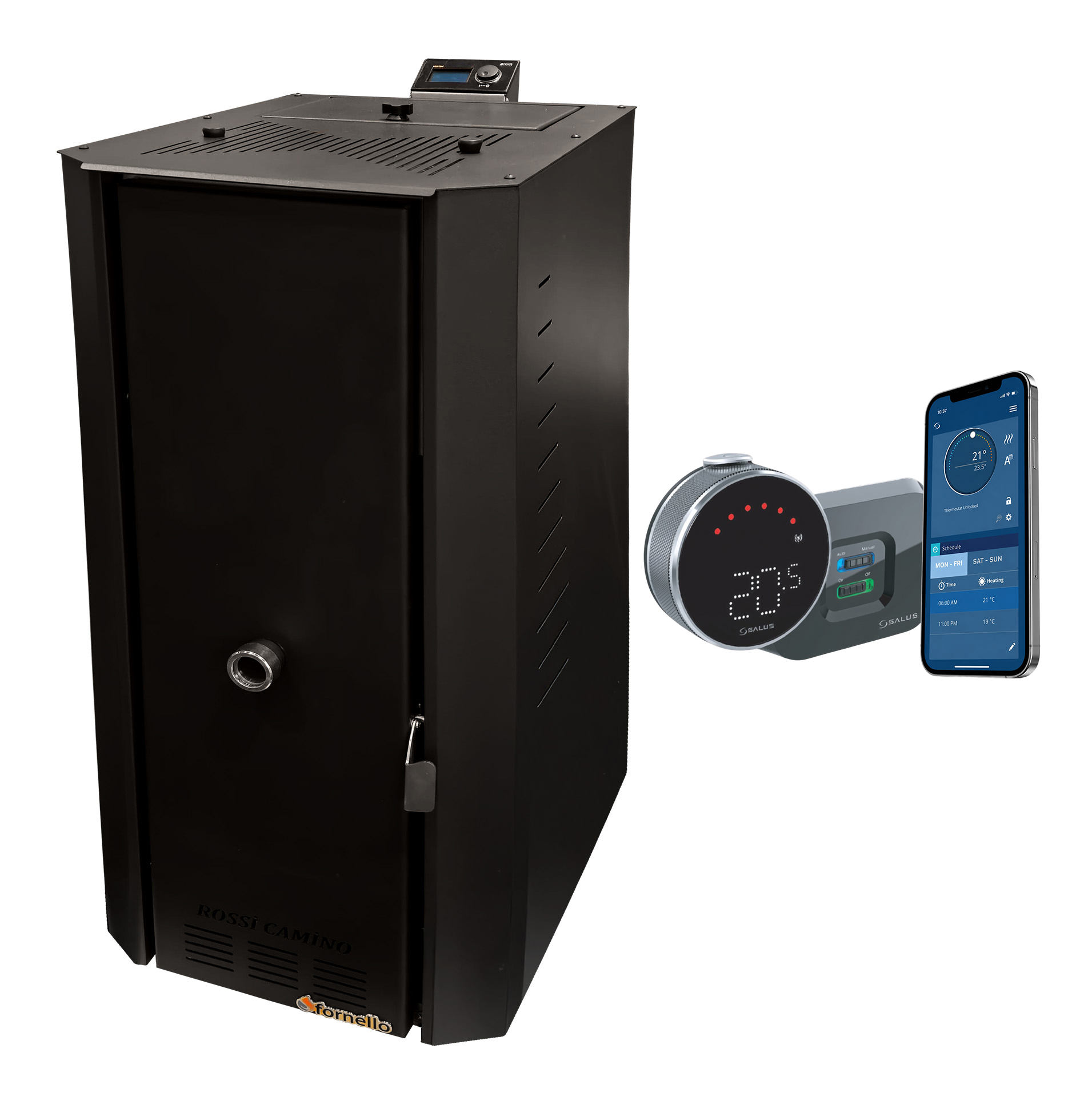 Pachet control de la distanta Centrala termica pe peleti Fornello Rossi B Black 25 kw pompa de circulatie vas expansiune tiraj fortat curatare facila a drumurilor de fum Ecodesign A+ si termostat Salus IT 800