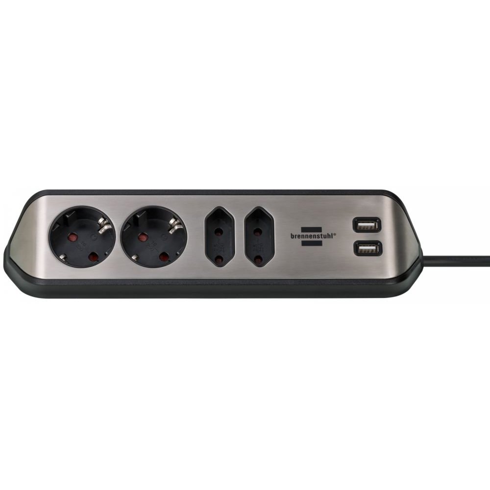 Prelungitor pentru perete/colt Brennenstuhl Estilo 4 prize, 2 USB, 3.1 A, 2m Inox, adeziv inclus, argintiu-negru 1153590410