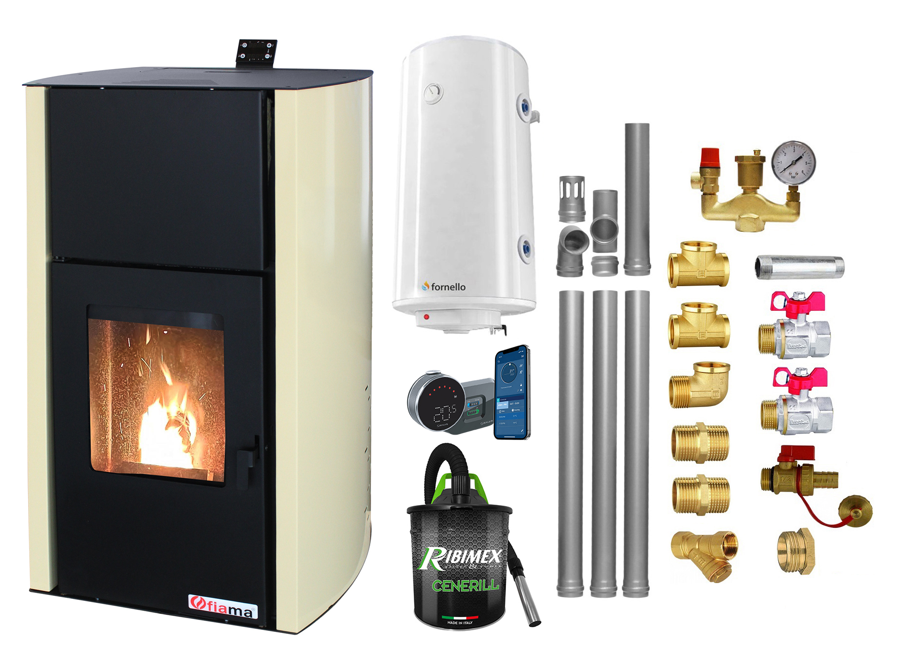 Pachet control de la distanta Termosemineu pe peleti Fornello Fiama Confort 25 kw complet echipat pentru incalzire Pompa Vas expansiune Automatizare Boiler 100 litri Termostat Salus IT 800 Aspirator Kit evacuare 3.5 ml si Fitinguri montaj