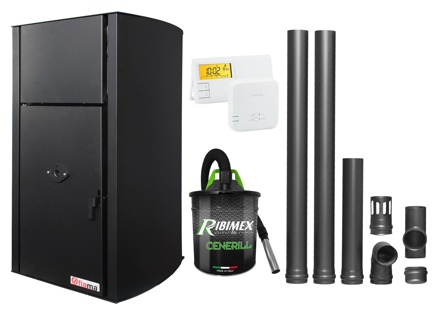 Pachet Centrala pe peleti Fornello Fiama Confort B 25 kw complet echipata pentru incalzire Pompa Vas expansiune Automatizare Termostat Radio Comanda Salus 091FLRFV2 Aspirator Cenusa si Kit evacuare 2.5 ml