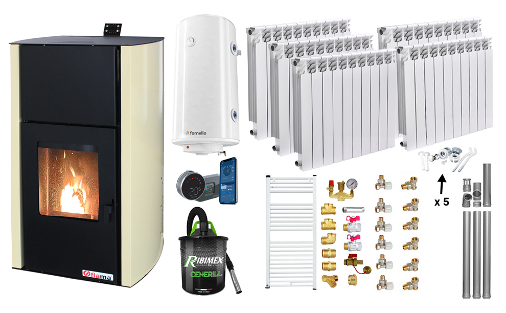 Pachet control de la distanta Termosemineu pe peleti Fornello Fiama Confort 25 kw Pompa Vas expansiune Automatizare Calorifere aluminiu Fornello Alvo Boiler 100 litri Termostat Aspirator Kit 3.5 ml si Fitinguri montaj