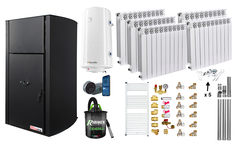 Pachet control de la distanta Centrala pe peleti Fornello Fiama Confort  B 25 kw Pompa Vas expansiune Automatizare Calorifere aluminiu Fornello Alvo Boiler 100 litri Termostat Aspirator Kit 3.5 ml si Fitinguri montaj