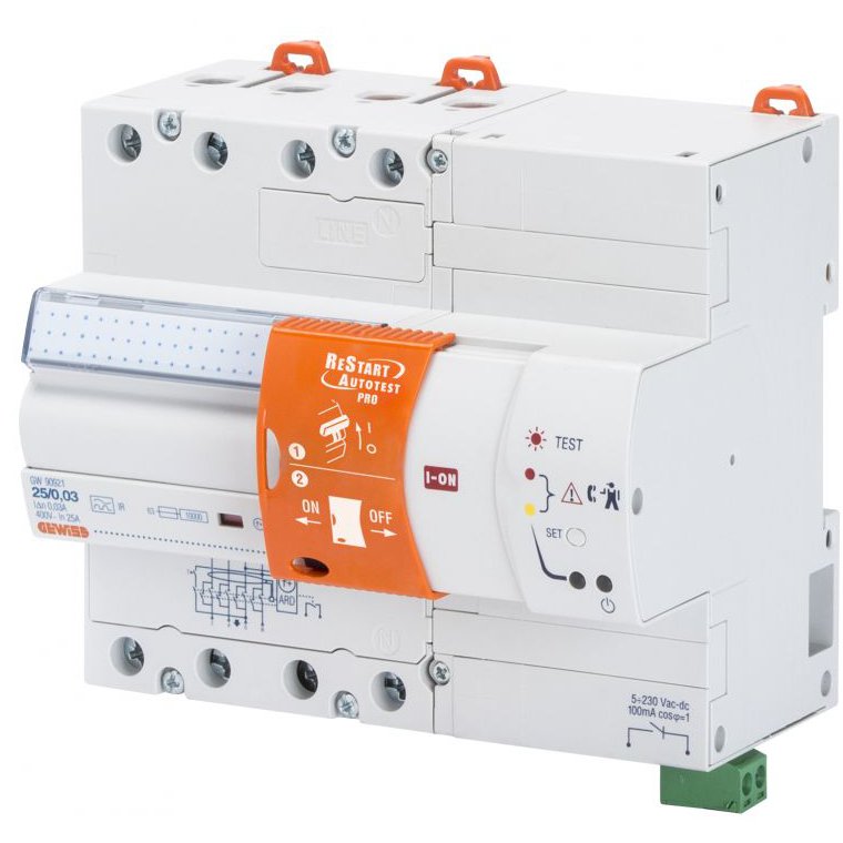 Dispozitiv de reanclasare RESTART AUTOTEST PRO cuplat cu RCCB 4 poli - 25 A TYPE A IR Idn=0,03 A 400 V Gewiss GW90921