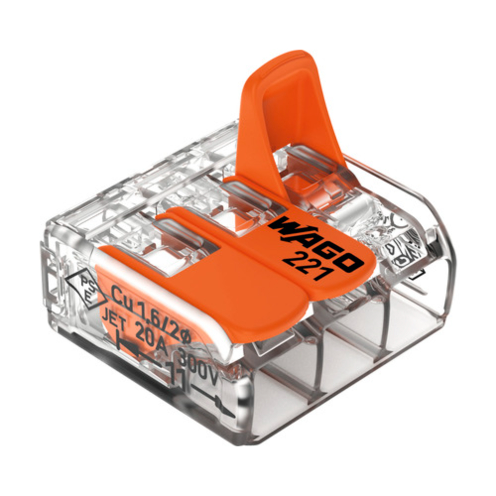Conector imbinare cu parghii Wago Push Wire 221-413, pentru conductori unifilari, 3 x 4 mmp, 30 A, transparent, 12 bucati