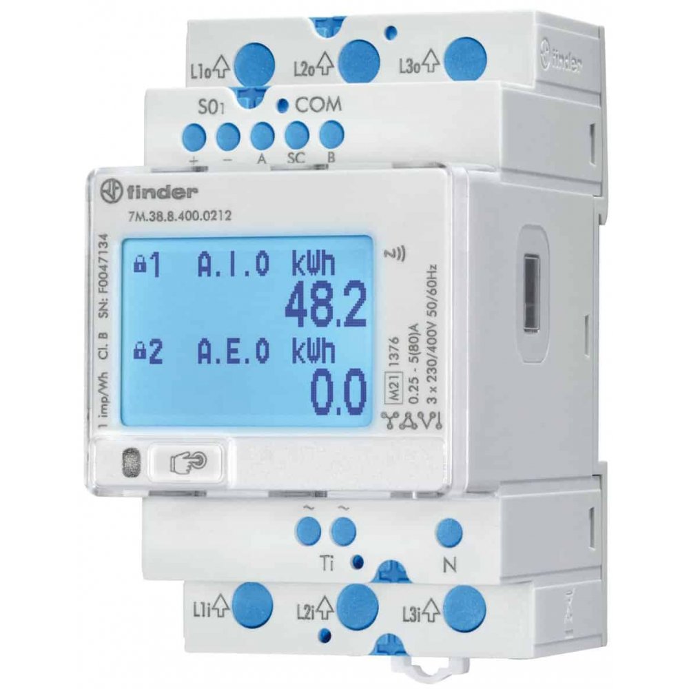 Contor de energie electrica trifazat cu masurare directa, activ-reactiv, 3 module, NFC, digital, 80A, bidirectional Finder 7M.38.8.400.0212