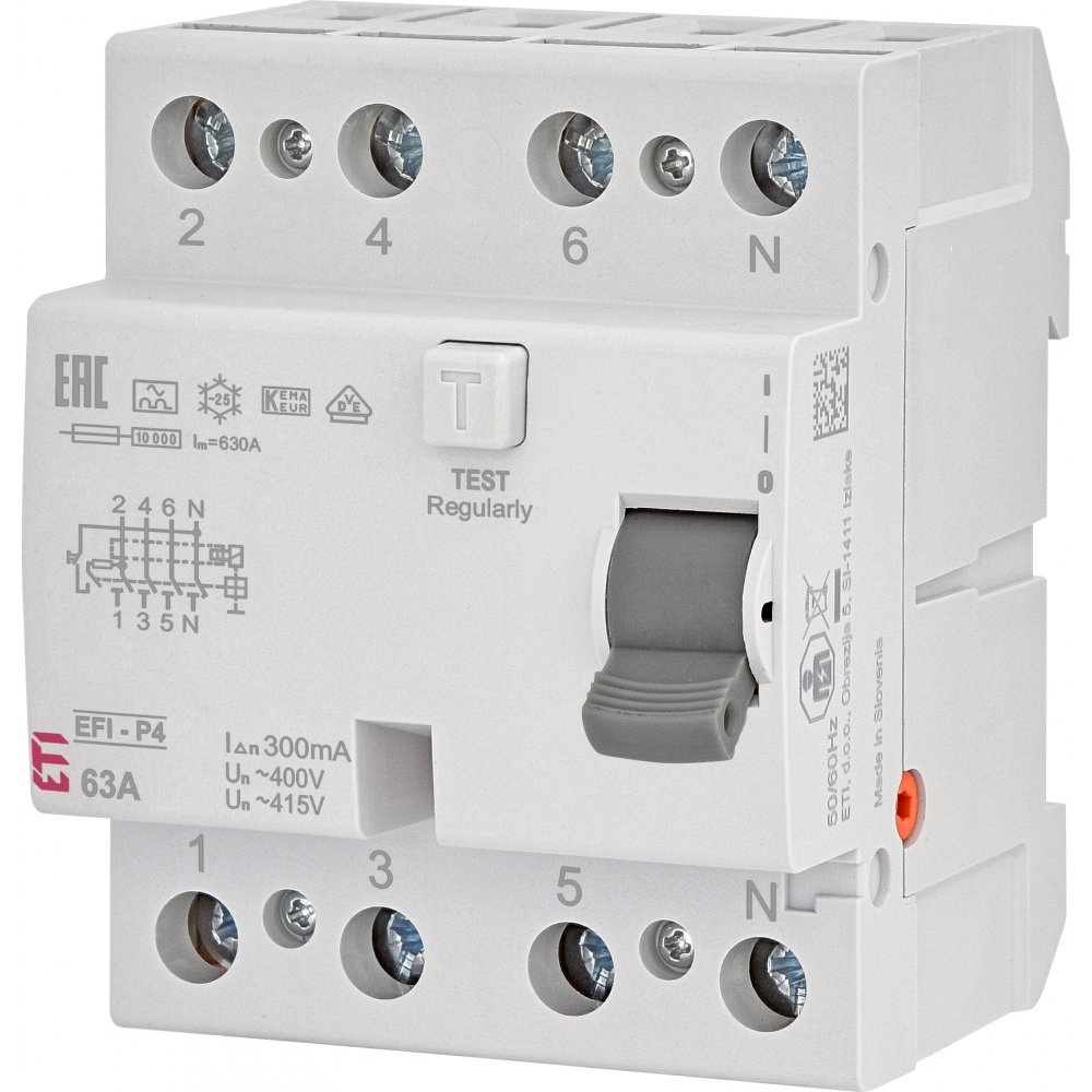 Intrerupator automat cu diferential RCCB 3P+N 63A/300mA, 10kA, Tip A Eti 002061533