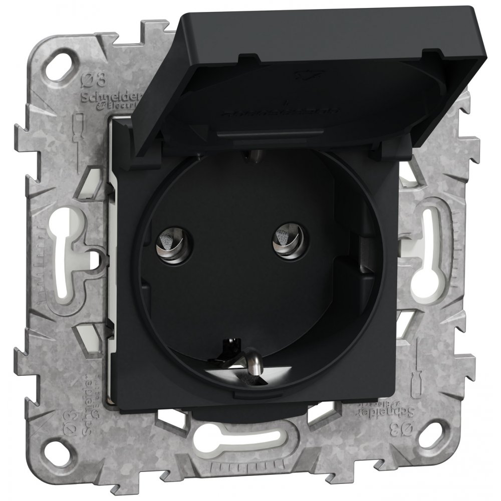 Priza 2P+E 16A IP44+suport fixare, capac, obturatoare Schneider Noua Unica NU508254, antracit