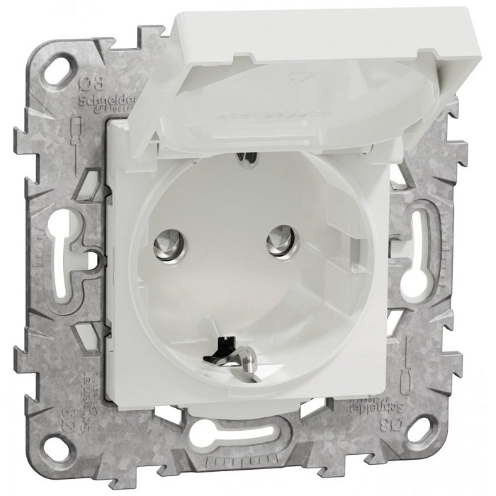 Priza 2P+E 16A IP44+suport fixare, cu capac, obturatoare Schneider Noua Unica NU508218, alb