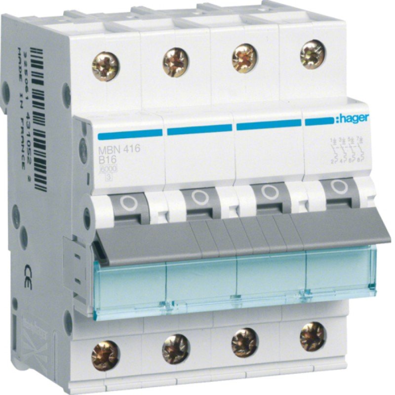 Siguranta automata 4P, 16A, 6kA, curba B, Hager MBN416