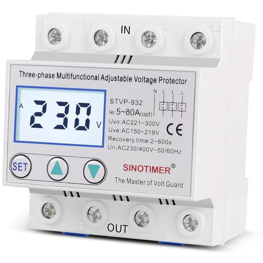 Releu trifazic, siguranta digitala de protectie tensiune, Sinotimer, 380V, 50A, recuperare automata, STVP-932-50A