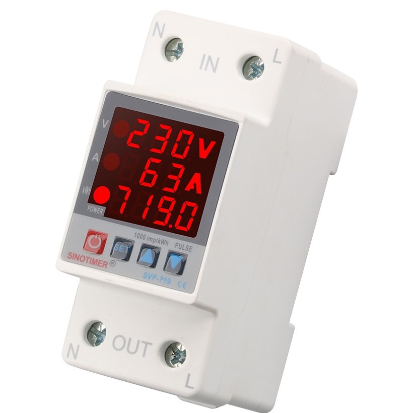 Releu siguranta digitala de protectie tensiune, Sinotimer, reglabila intre 1 - 63A, contor, ecran digital LED, SVP-719-63A