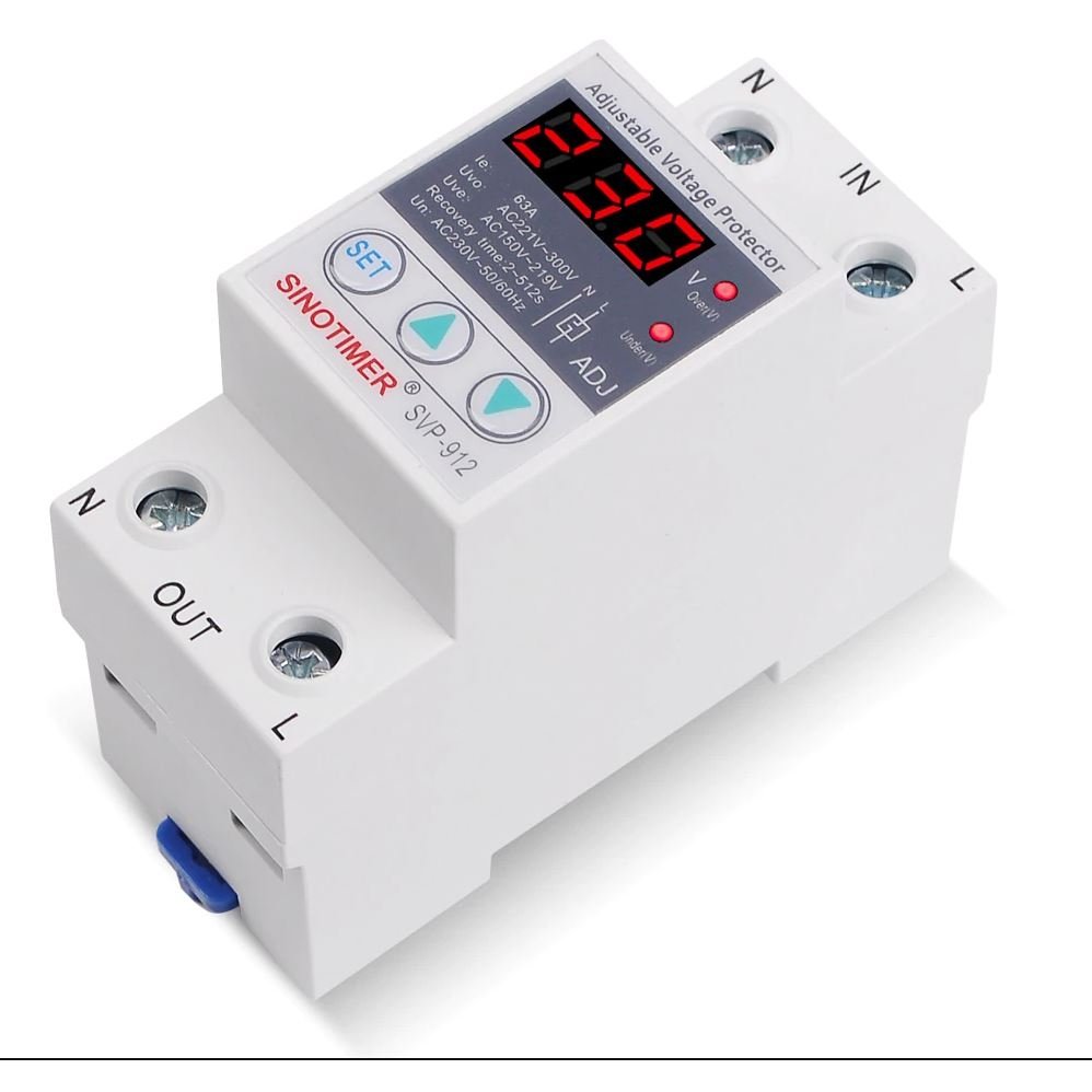 Releu monofazic protectie tensiune, Sinotimer, 63A, ecran digital LED, recuperare automata, SVP-912-63A