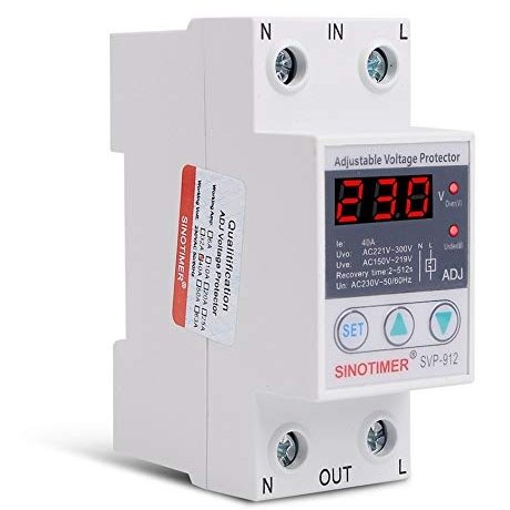 Releu de protectie tensiune monofazic, Sinotimer, 40A, ecran digital LED, recuperare automata, SVP-912-40A
