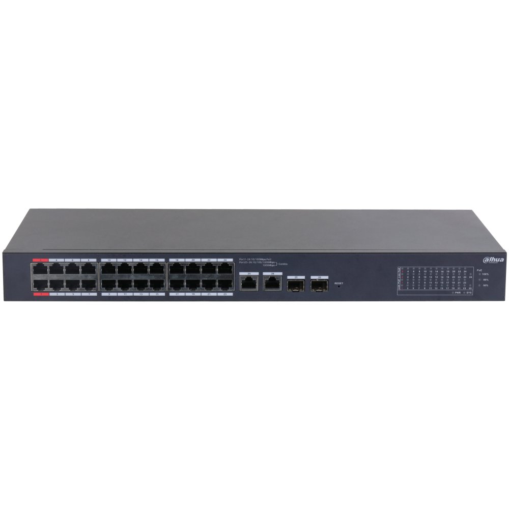 Switch 24 porturi PoE cloud management Dahua CS4226-24ET-375, 2 porturi RJ45 si SFP, PoE Watchdog, Long Distance PoE, Hi PoE, rackabil