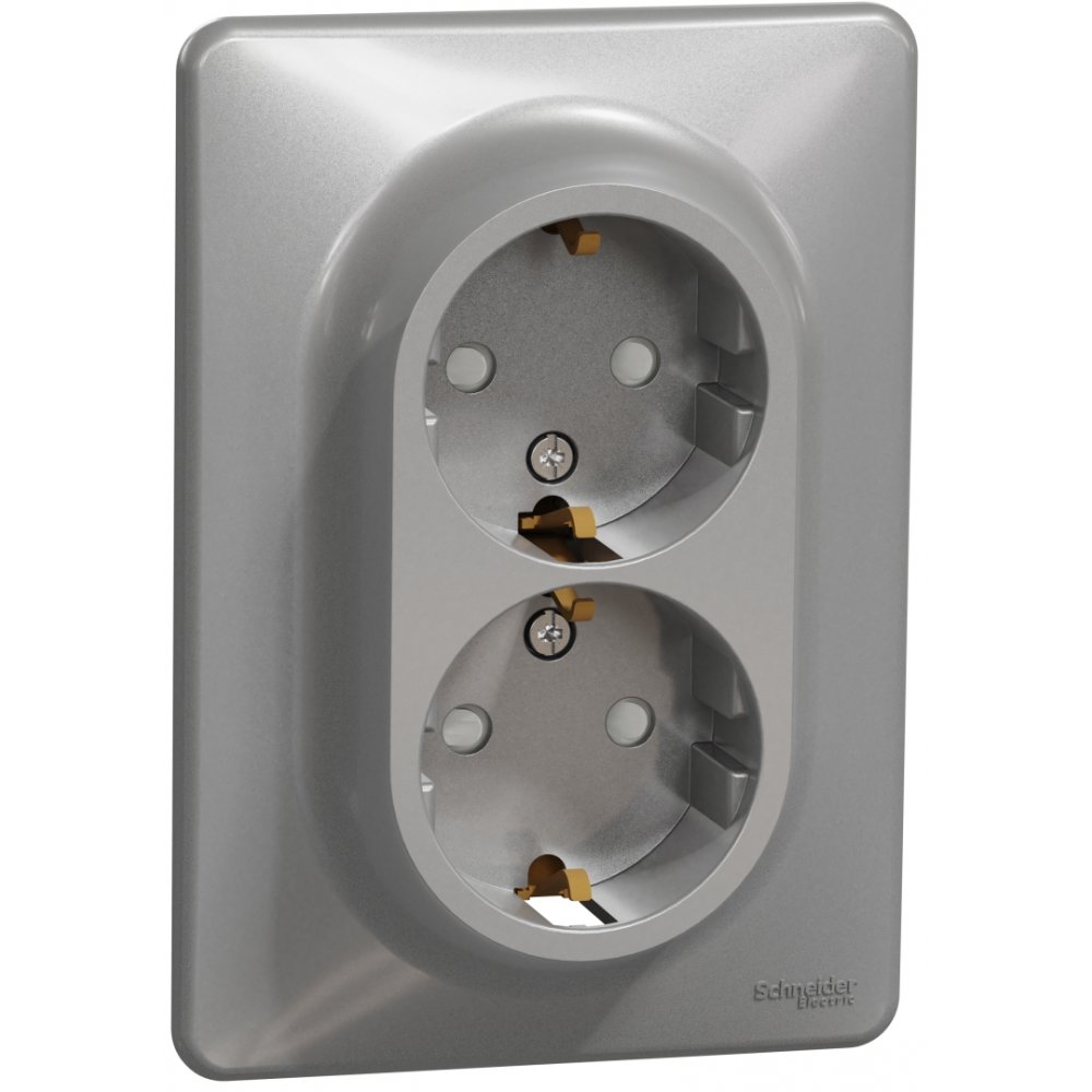 Priza dubla 2P+E, cu obturatoare, Schneider, SDD313221, Sedna Design, aluminiu