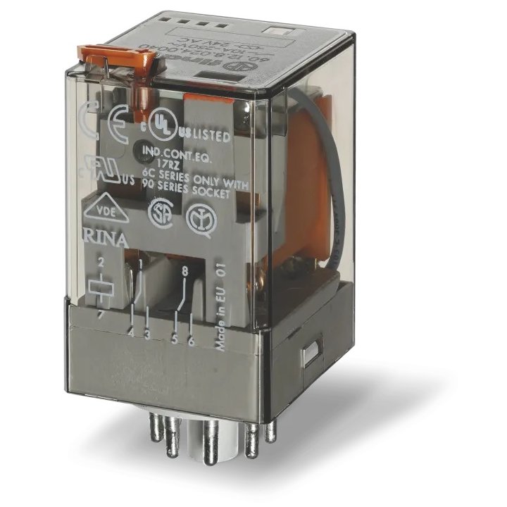 Releu de uz general, fisabil, 8 pini, alimentare 12VC.A., 2C, 10A, AgNi, cu buton de proba blocabil+ - Finder 60.12.8.0.12.0040