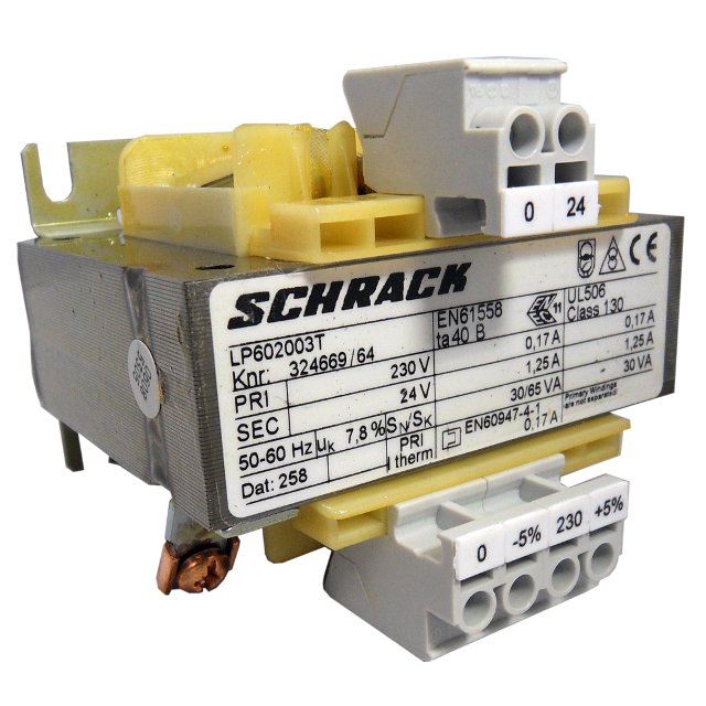 Transformator de comanda monofazat, 230V/24V, 30 VA, IP00 Schrack LP602003T