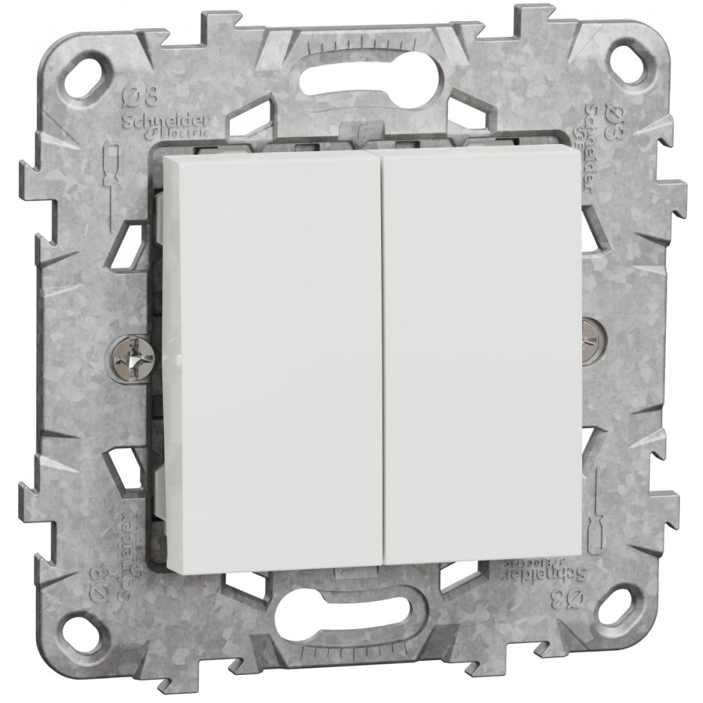 Intrerupator dublu 10A cu suport fixare si gheare Schneider Noua Unica NU521118Z, alb