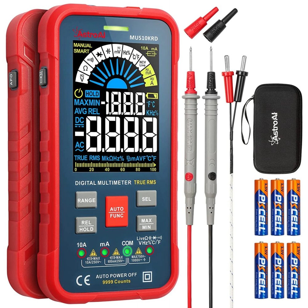 Multimetru digital 10000 Counts, smart auto, TRMS auto-ranging, display color, masurare continuitate, temperatura, geanta transport AstroAI MUS10KRD /