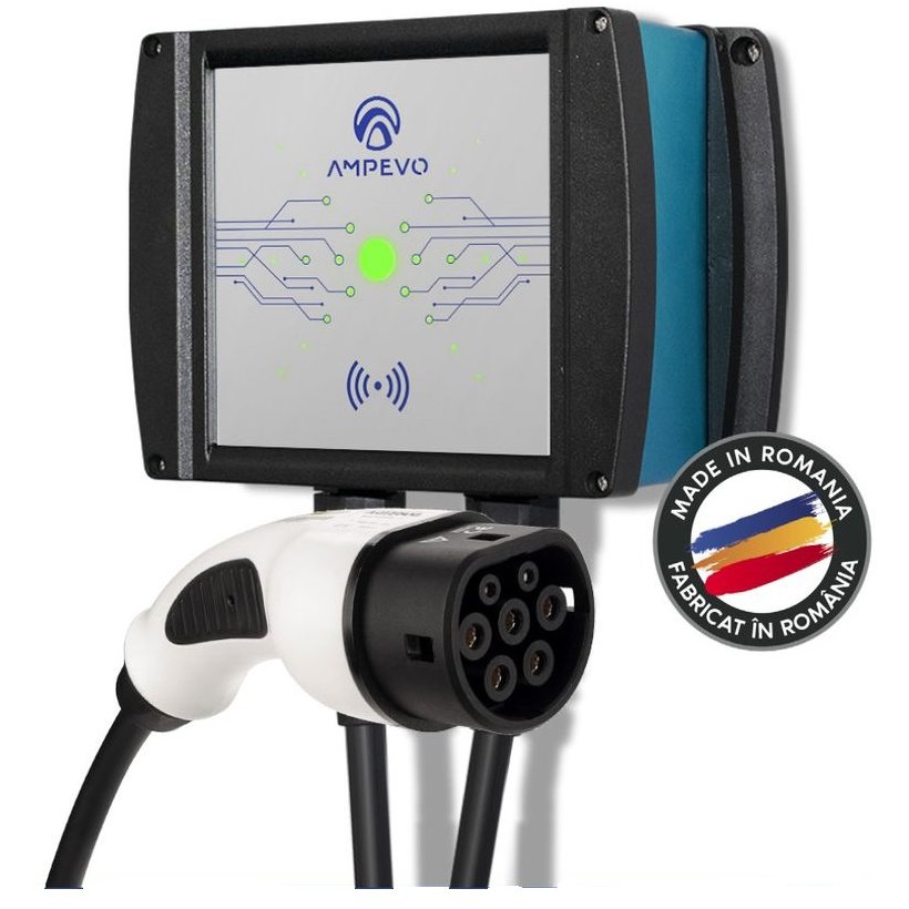 Statie incarcare masini electrice, 7.4 kW, monofazata, cablu Type 2, curent setabil 8-32 A, aplicatie mobila, RFID Ampevo AMP107T2GC-CP + RFID