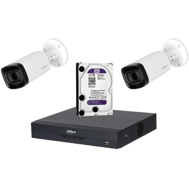 Sistem de supraveghere Dahua DH-2CEXT60M-5MP_HDD HDCVI cu HDD si 2 camere de exterior de 5MP, IR 60m, 2.7-12mm, microfon