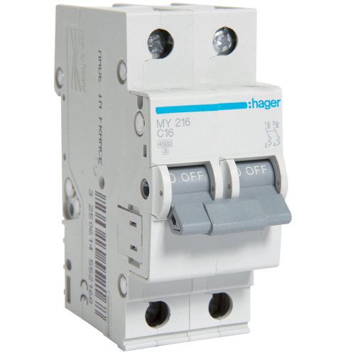 Siguranta automata 2P, 16A, 4,5kA, C, Hager MY216