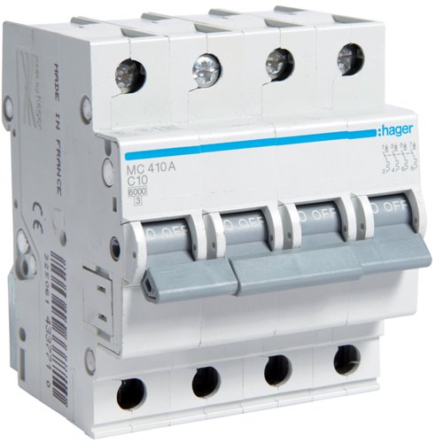 Siguranta automata 4P, 10A, 6kA, C, Hager MC410A