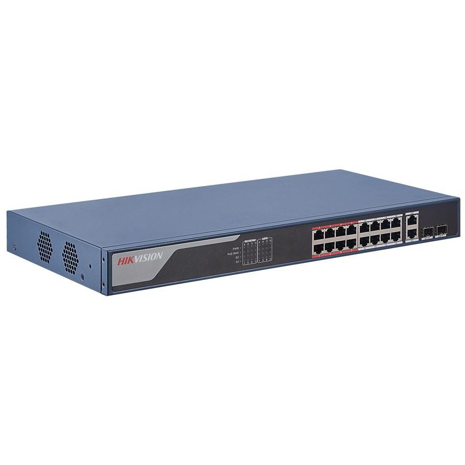 Switch 16 porturi POE Hikvision DS-3E1318P-EI 16 100 Mbps PoE RJ45 ports si 2 porturi gigabit