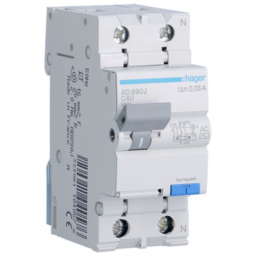 Disjunctor diferential 1P+N 40A/30mA curba C tip AC 4.5kA Hager AD890J