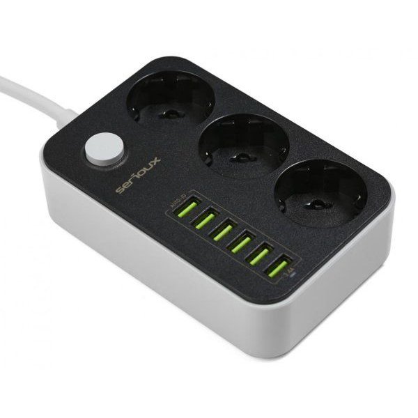 Prelungitor cu protectie Serioux, 3 prize schuko, input 100-240V, 50- 60Hz, output (Total): 2500W - 10A, 6 porturi USB, USB Output SRXP-PS36B