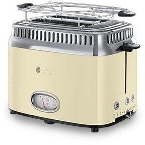Prajitor de paine Russell Hobbs Retro Vintage Cream 21682-56, 1200 W, 2 felii, Prajire rapida, Gratar pentru chifle, Crem/Inox