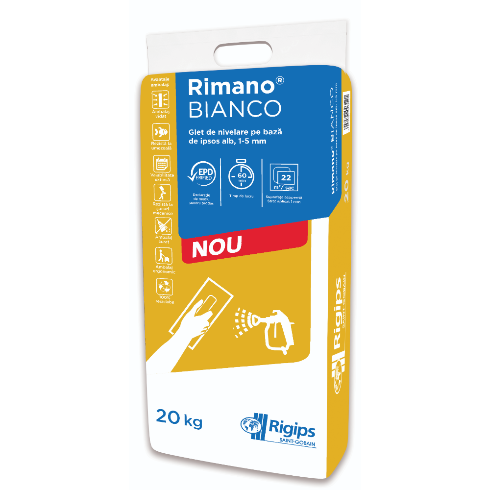 Glet de finisare pe baza de ipsos Rigips Rimano Bianco, pentru interior, 20 kg