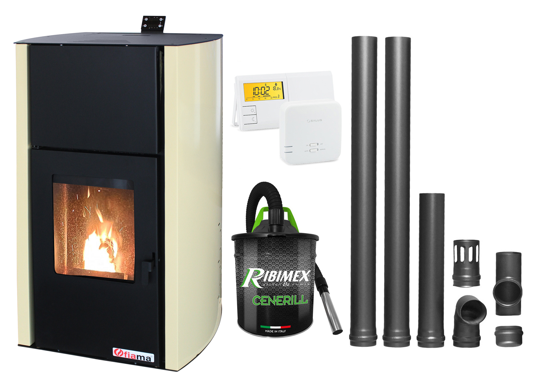 Pachet Termosemineu pe peleti Fornello Fiama Confort 12 kw complet echipat pentru incalzire Pompa Vas expansiune Automatizare Termostat Radio Comanda Salus 091FLRFV2 Aspirator Cenusa si Kit evacuare 2.5 ml