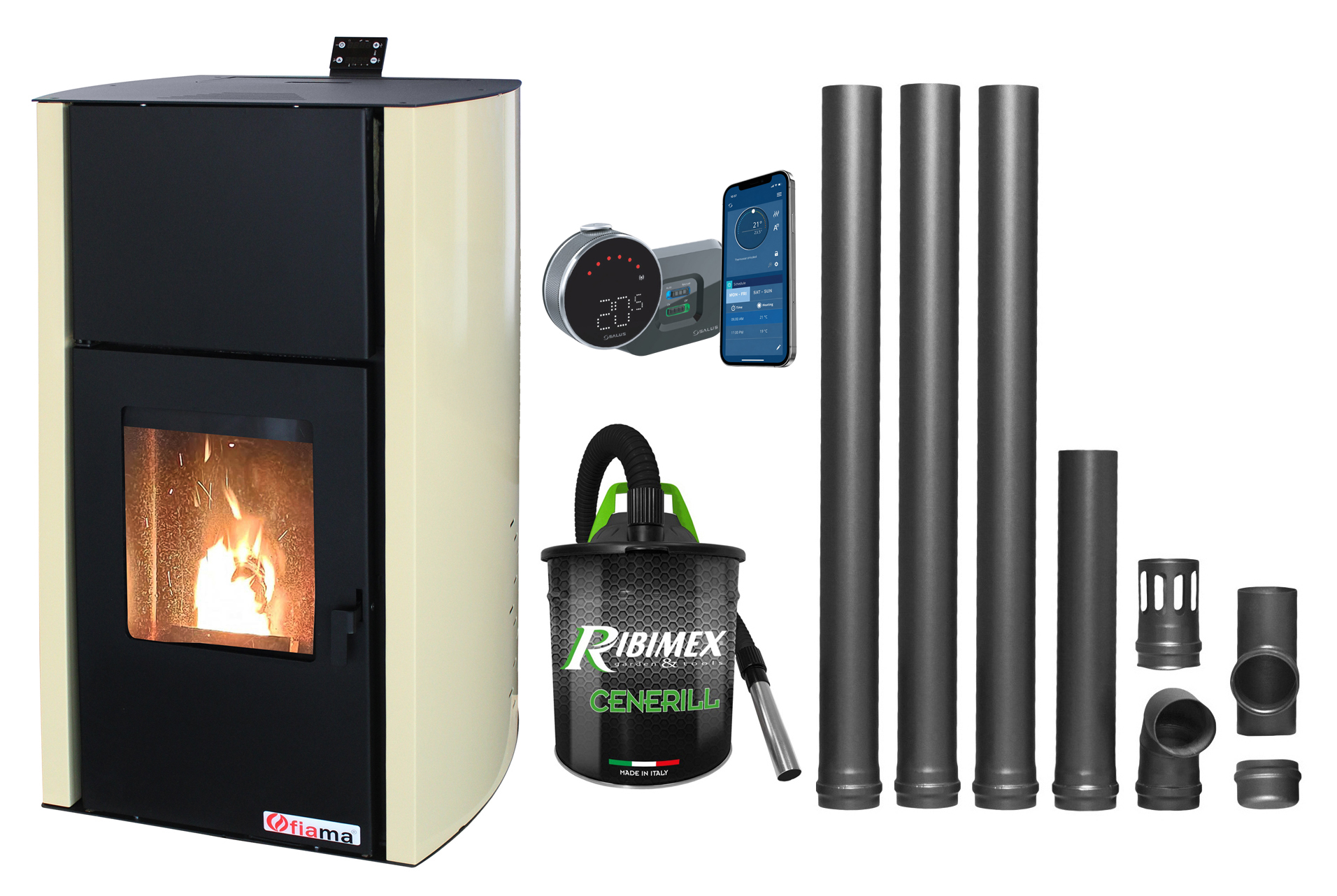 Pachet control de la distanta Termosemineu pe peleti Fornello Fiama Confort 12 kw complet echipat pentru incalzire Pompa Vas expansiune Automatizare Termostat ambiental Salus IT 800 Aspirator Cenusa si Kit evacuare 3.5 ml