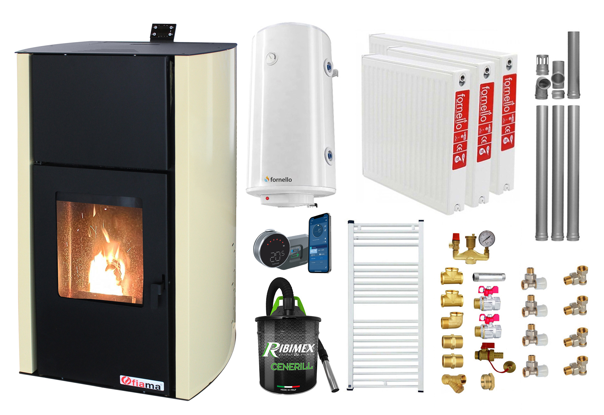Pachet control de la distanta Termosemineu pe peleti Fornello Fiama Confort 12 kw Pompa Vas expansiune Automatizare Radiatoare otel Boiler 100 litri Termostat Aspirator Kit 3.5 ml si Fitinguri montaj