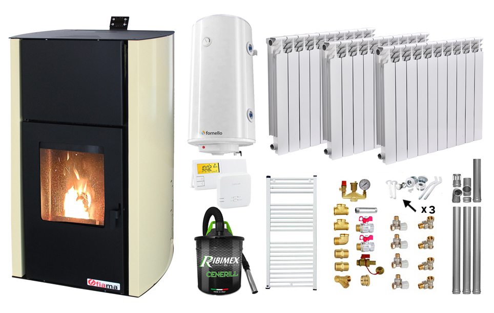 Pachet Termosemineu pe peleti Fornello Fiama Confort 12 kw Pompa Vas expansiune Automatizare Calorifere aluminiu Fornello Alvo Boiler 100 litri Termostat Aspirator Kit 3.5 ml si Fitinguri montaj