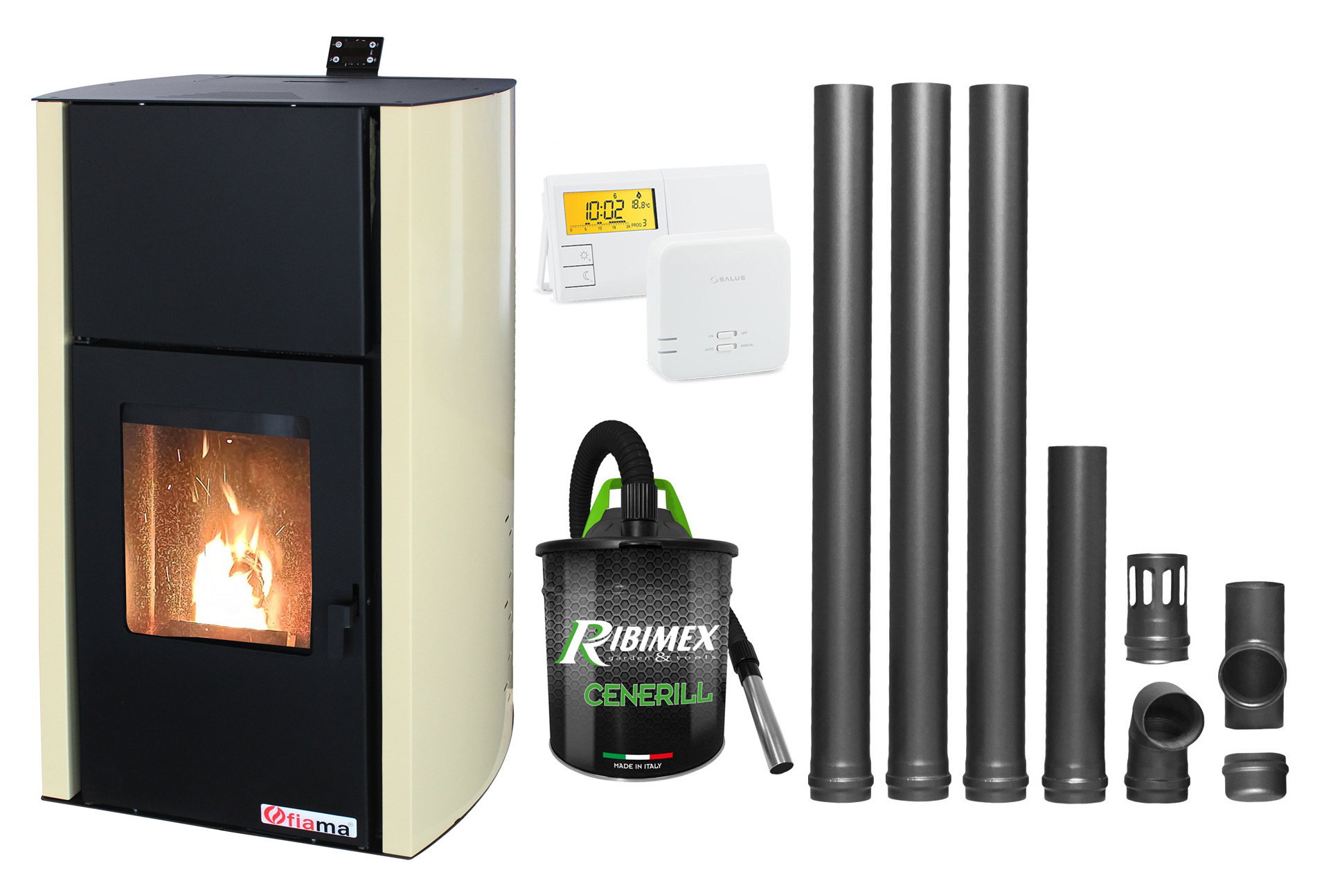 Pachet Termosemineu pe peleti Fornello Fiama Confort 18 kw complet echipat pentru incalzire Pompa Vas expansiune Automatizare Termostat Radio Comanda Salus 091FLRFV2 Aspirator Cenusa si Kit evacuare 3.5 ml