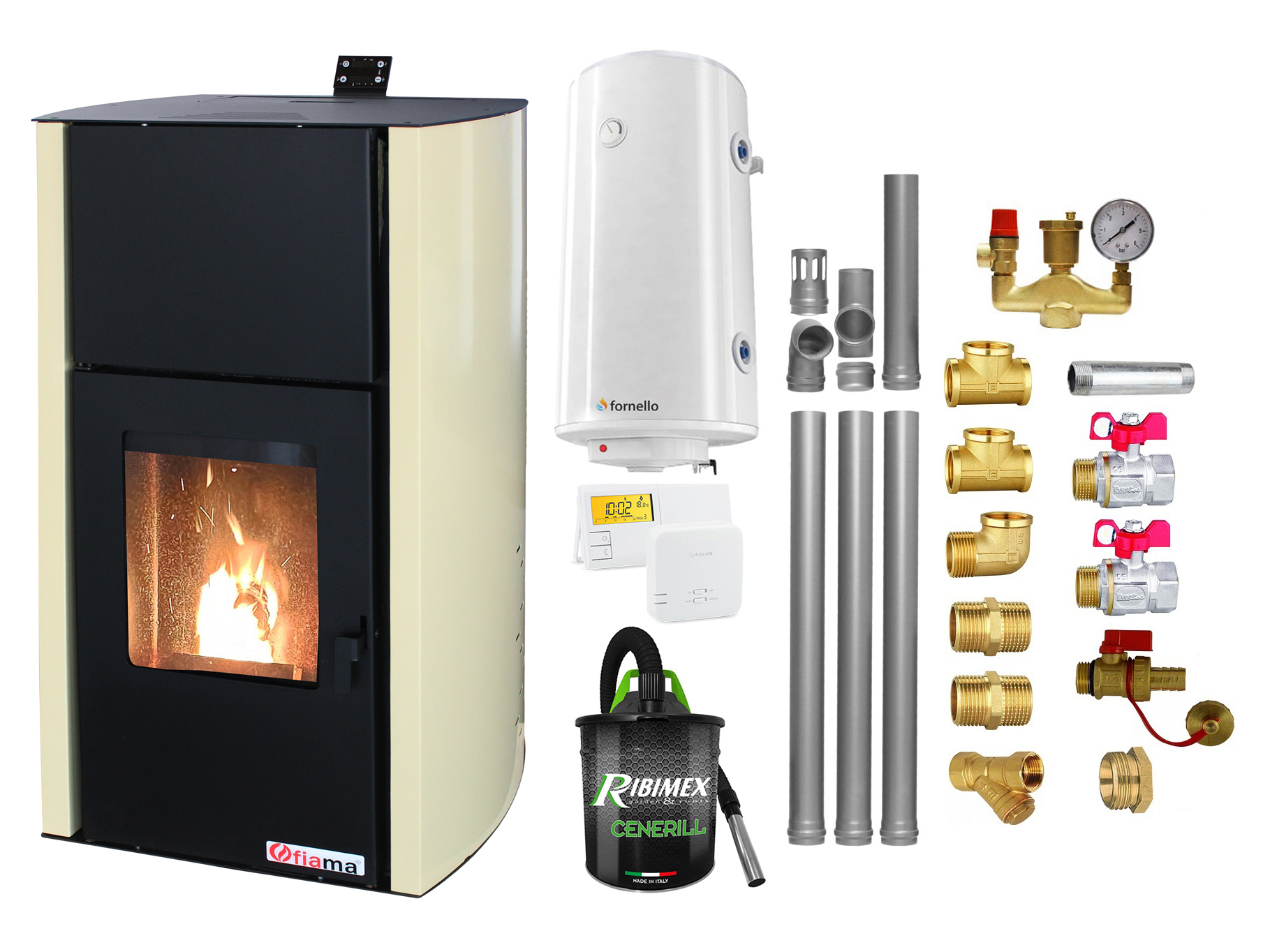 Pachet Termosemineu pe peleti Fornello Fiama Confort 18 kw complet echipat pentru incalzire Pompa Vas expansiune Automatizare Boiler 100 litri Termostat Salus 091FLRFV2 Aspirator Kit evacuare 3.5 ml si Fitinguri montaj