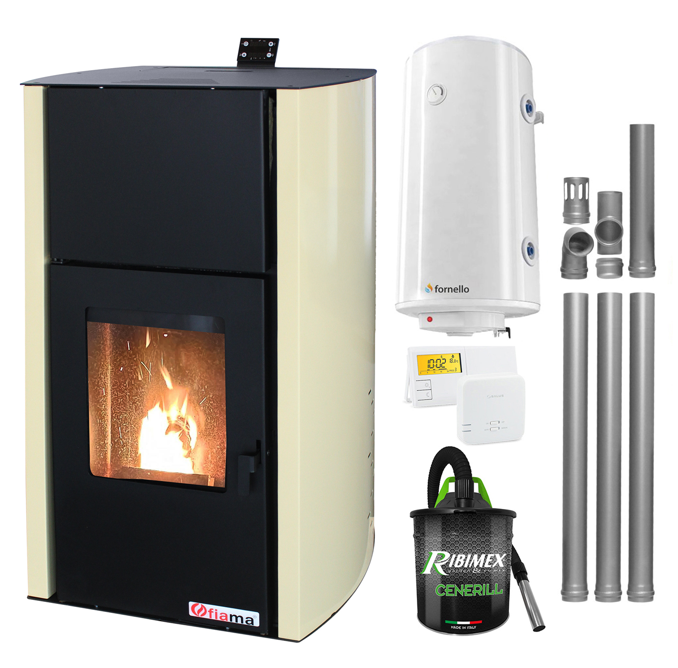 Pachet Termosemineu pe peleti Fornello Fiama Confort 18 kw complet echipat pentru incalzire Pompa Vas expansiune Automatizare Boiler 100 litri Termostat Salus 091FLRFV2 Aspirator Cenusa si Kit evacuare 3.5 ml
