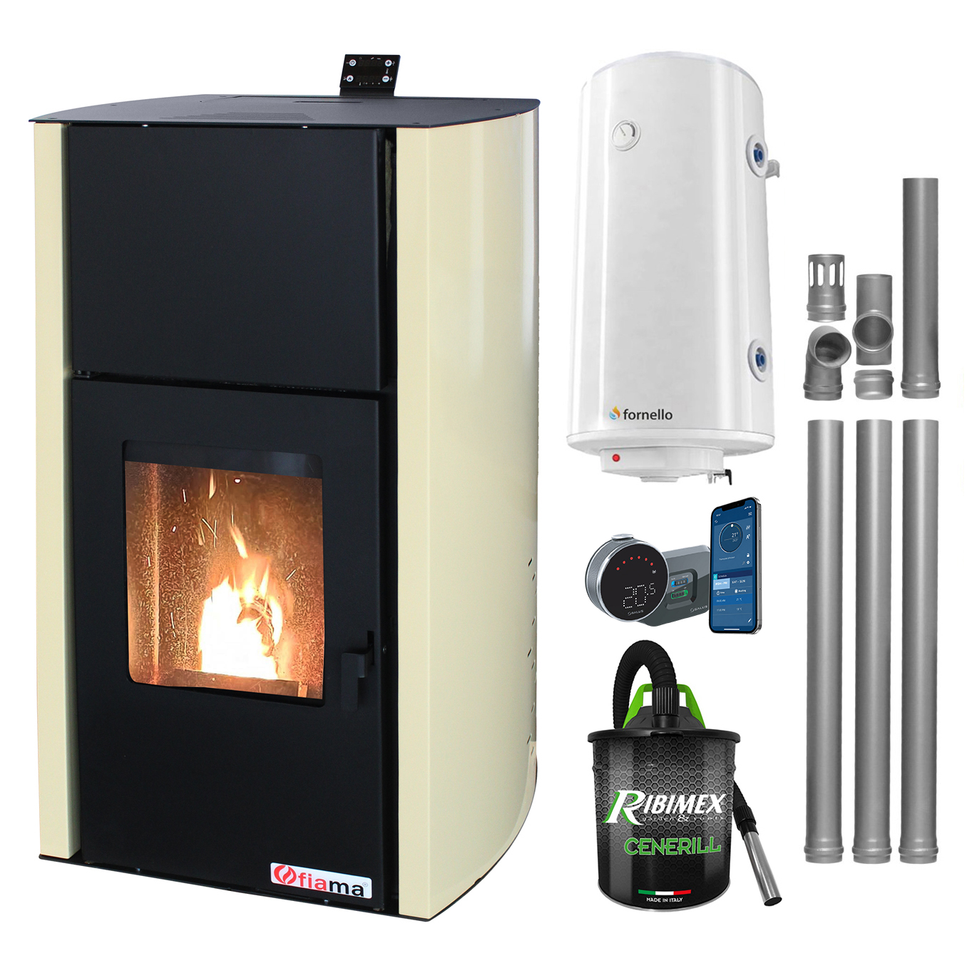 Pachet control de la distanta Termosemineu pe peleti Fornello Fiama Confort 18 kw complet echipat pentru incalzire Pompa Vas expansiune Automatizare Boiler 100 litri Termostat Salus IT 800 Aspirator Cenusa si Kit evacuare 3.5 ml