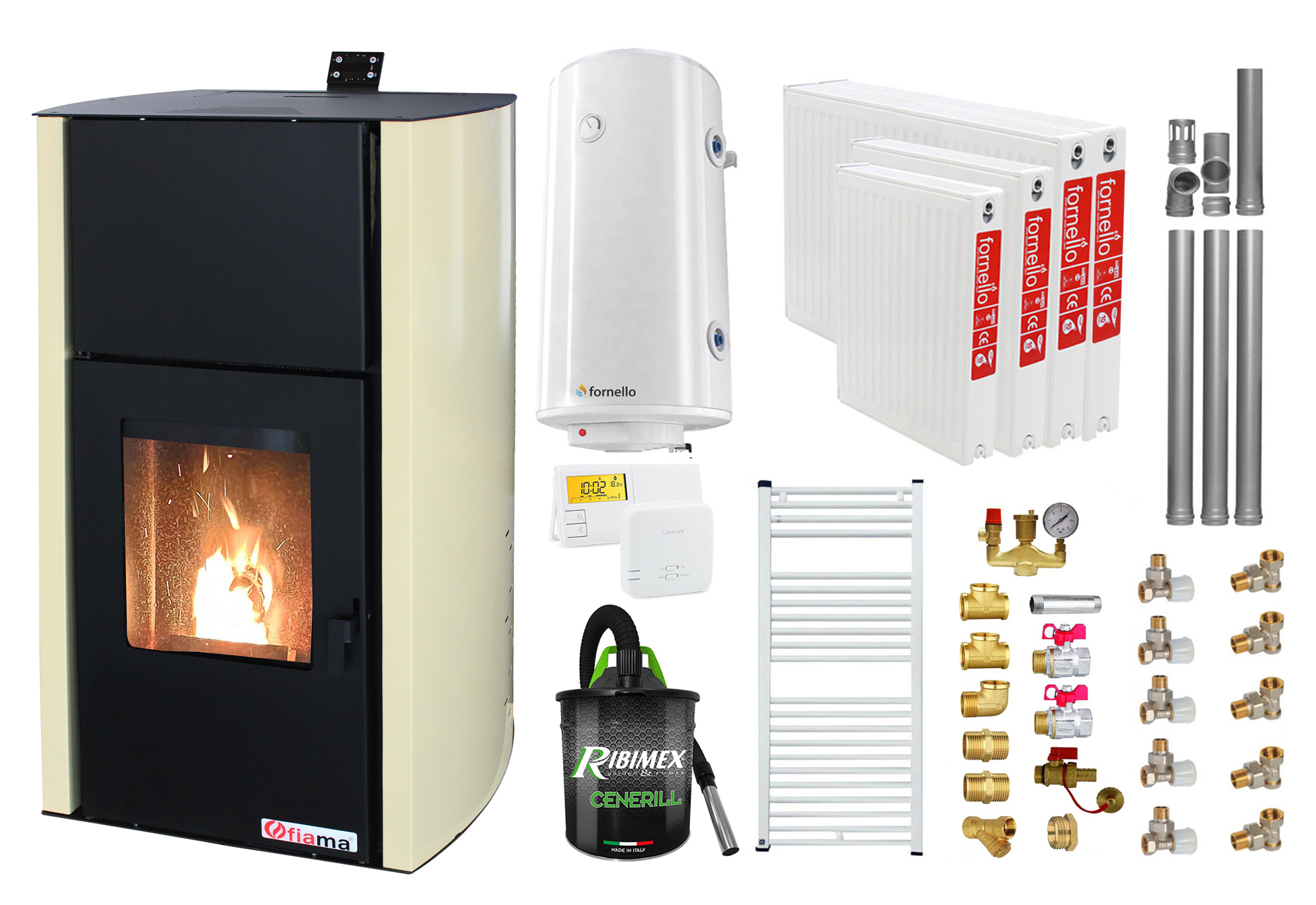 Pachet Termosemineu pe peleti Fornello Fiama Confort 18 kw complet echipat pentru incalzire Pompa Vas expansiune Automatizare Radiatoare otel Boiler 100 litri Termostat Aspirator Kit 3.5 ml si Fitinguri montaj