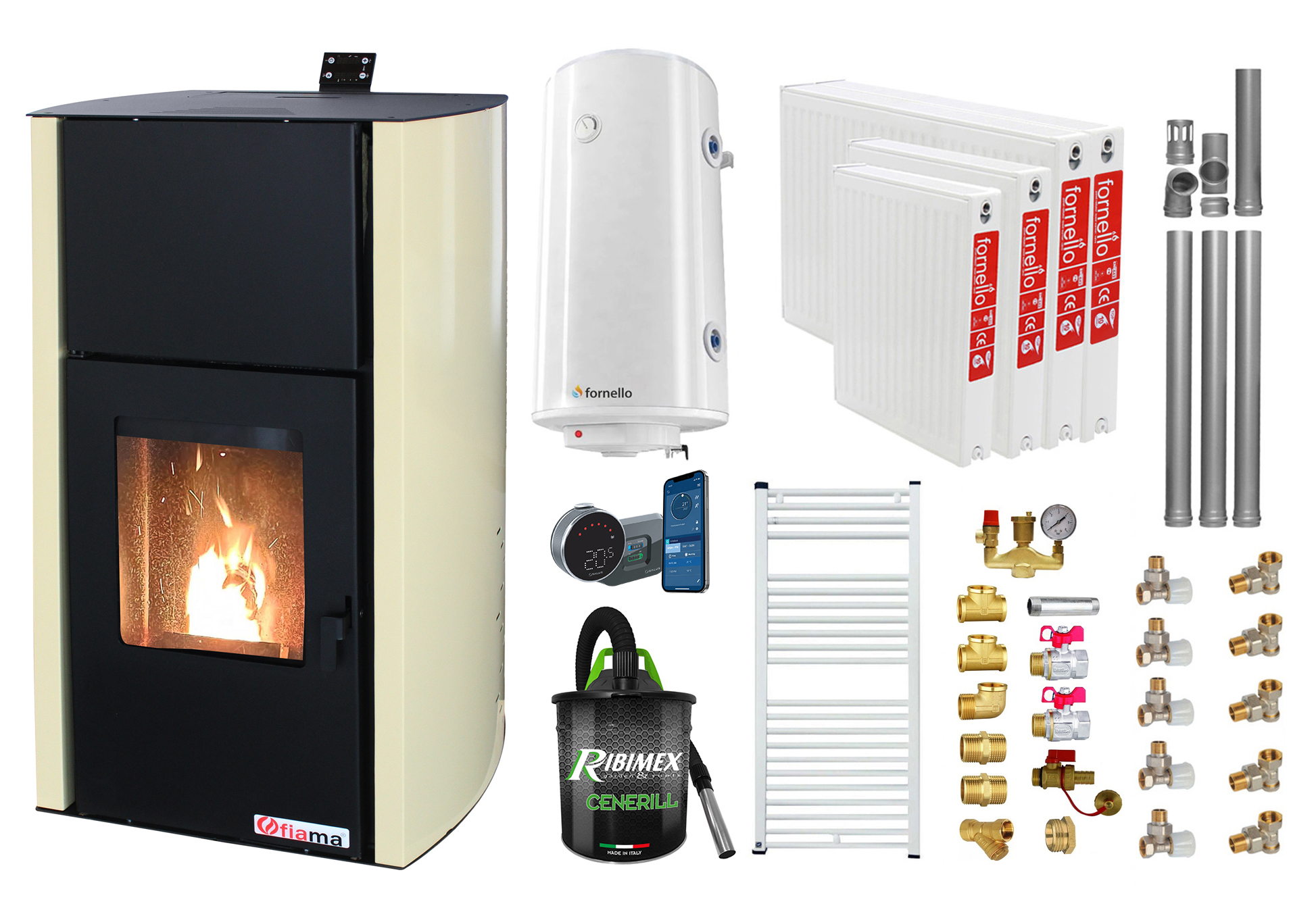 Pachet control de la distanta Termosemineu pe peleti Fornello Fiama Confort 18 kw Pompa Vas expansiune Automatizare Radiatoare otel Boiler 100 litri Termostat Aspirator Kit 3.5 ml si Fitinguri montaj