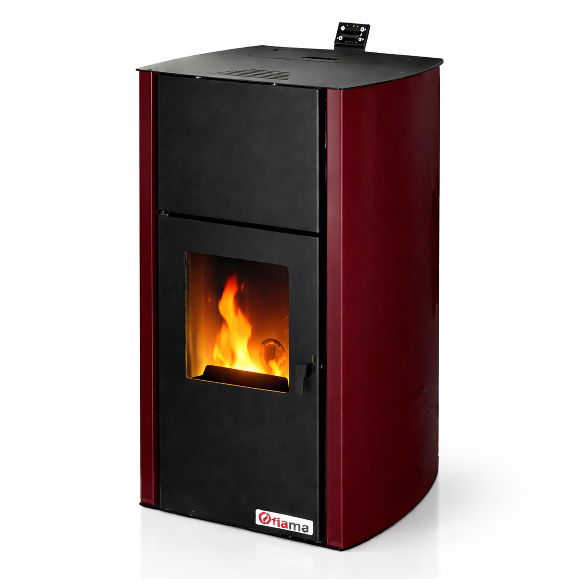 Termosemineu pe peleti Fornello Fiama Confort 25 kw complet echipat pentru incalzire pompa vas expansiune automatizare buncar peleti 25 kg  tiraj fortat culoare Bordeaux aprindere automata pana la 160 mp
