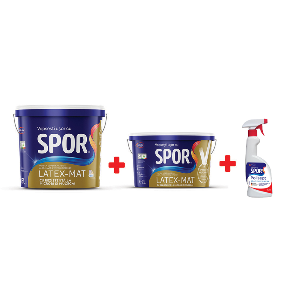Vopsea super-lavabila interior, Spor latex-mat, alba, 15 l + 2 l + solutie antimucegai Spor Polisept