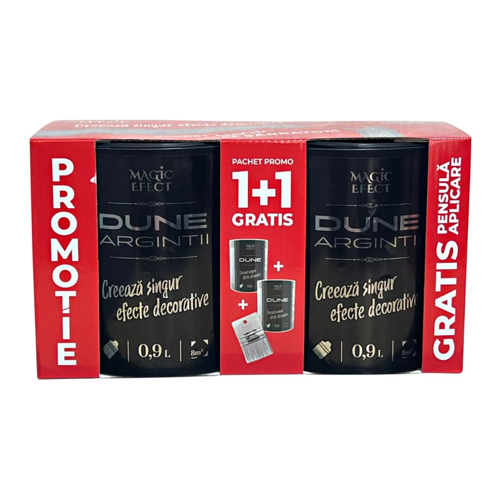 Pachet vopsea decorativa cu efect de dune de nisip, Magic Efect Dune Argintiu, pe baza de apa, 0.9 l, 1 + 1 + pensula