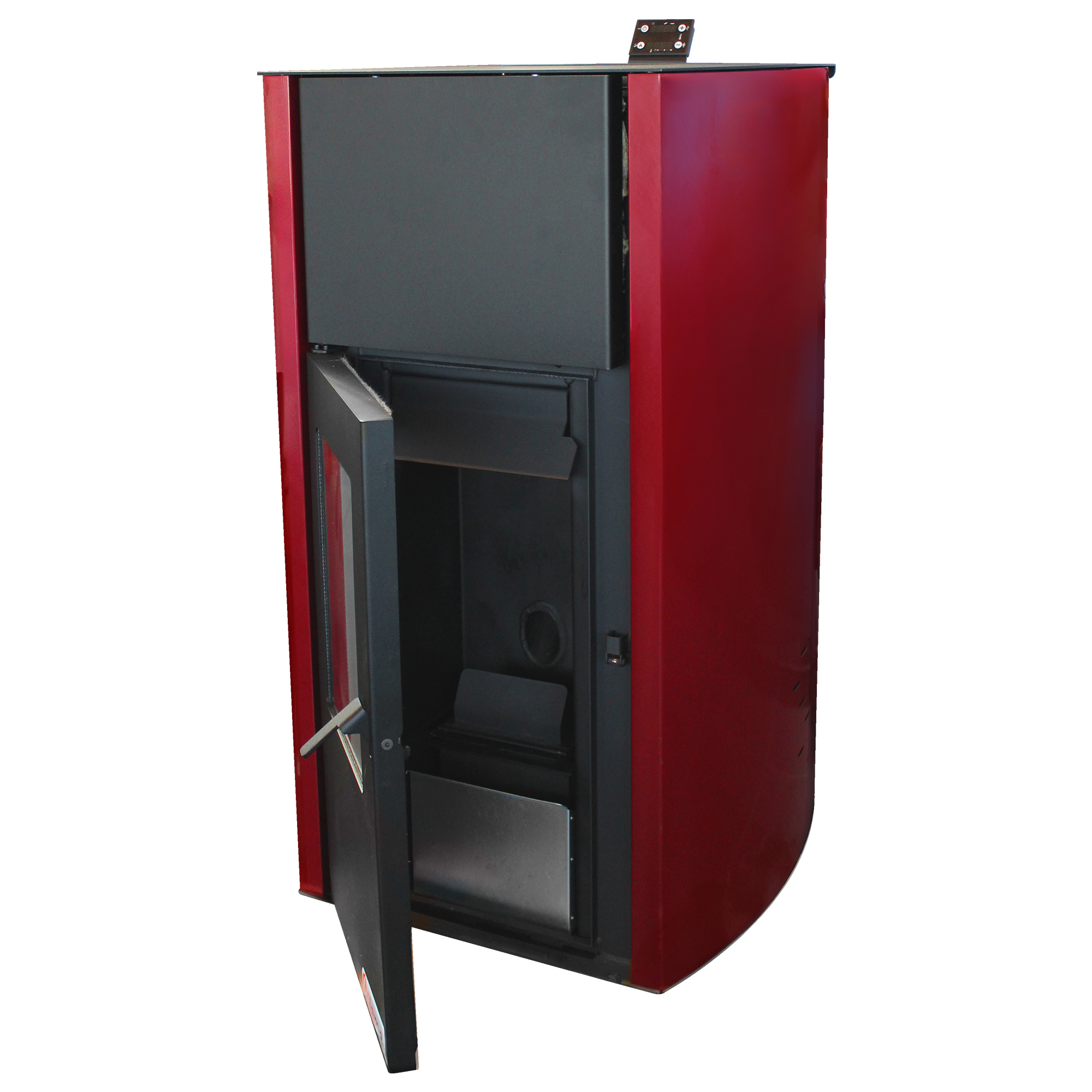Pachet Termosemineu pe peleti Fornello Fiama Confort 25 kw culoare Bordeaux complet echipat pentru incalzire Pompa Vas expansiune Automatizare Termostat Radio Comanda Salus 091FLRFV2 Aspirator Cenusa si Kit evacuare 2.5 ml