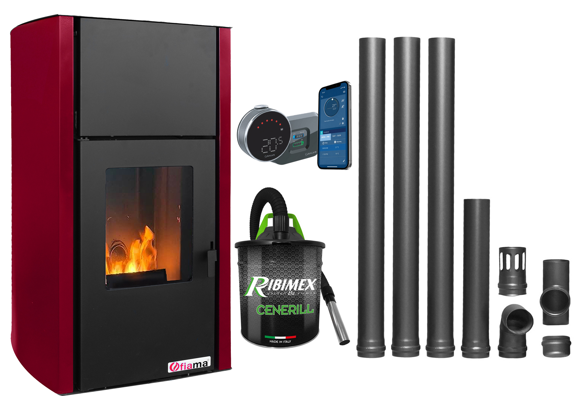 Pachet control de la distanta Termosemineu pe peleti Fornello Fiama Confort 25 kw culoare Bordeaux complet echipat pentru incalzireKit evacuare 3.5 ml Pompa Vas expansiune Automatizare Termostat ambiental Salus IT 800 Aspirator Cenusa