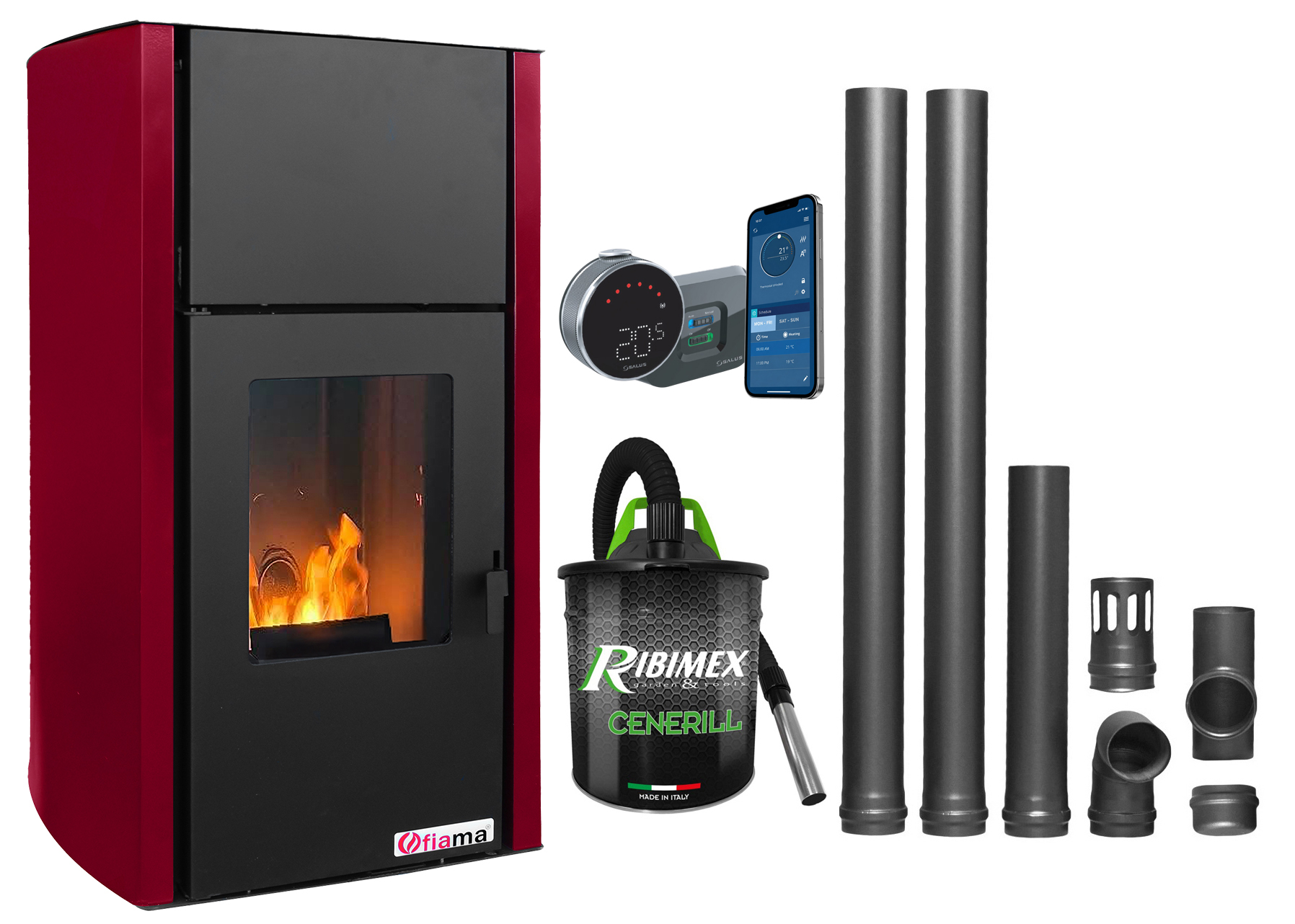Pachet control de la distanta Termosemineu pe peleti Fornello Fiama Confort 25 kw  culoare Bordeaux complet echipat pentru incalzire Pompa Vas expansiune Automatizare Termostat ambiental Salus IT 800 Aspirator Cenusa si Kit evacuare 2.5 ml