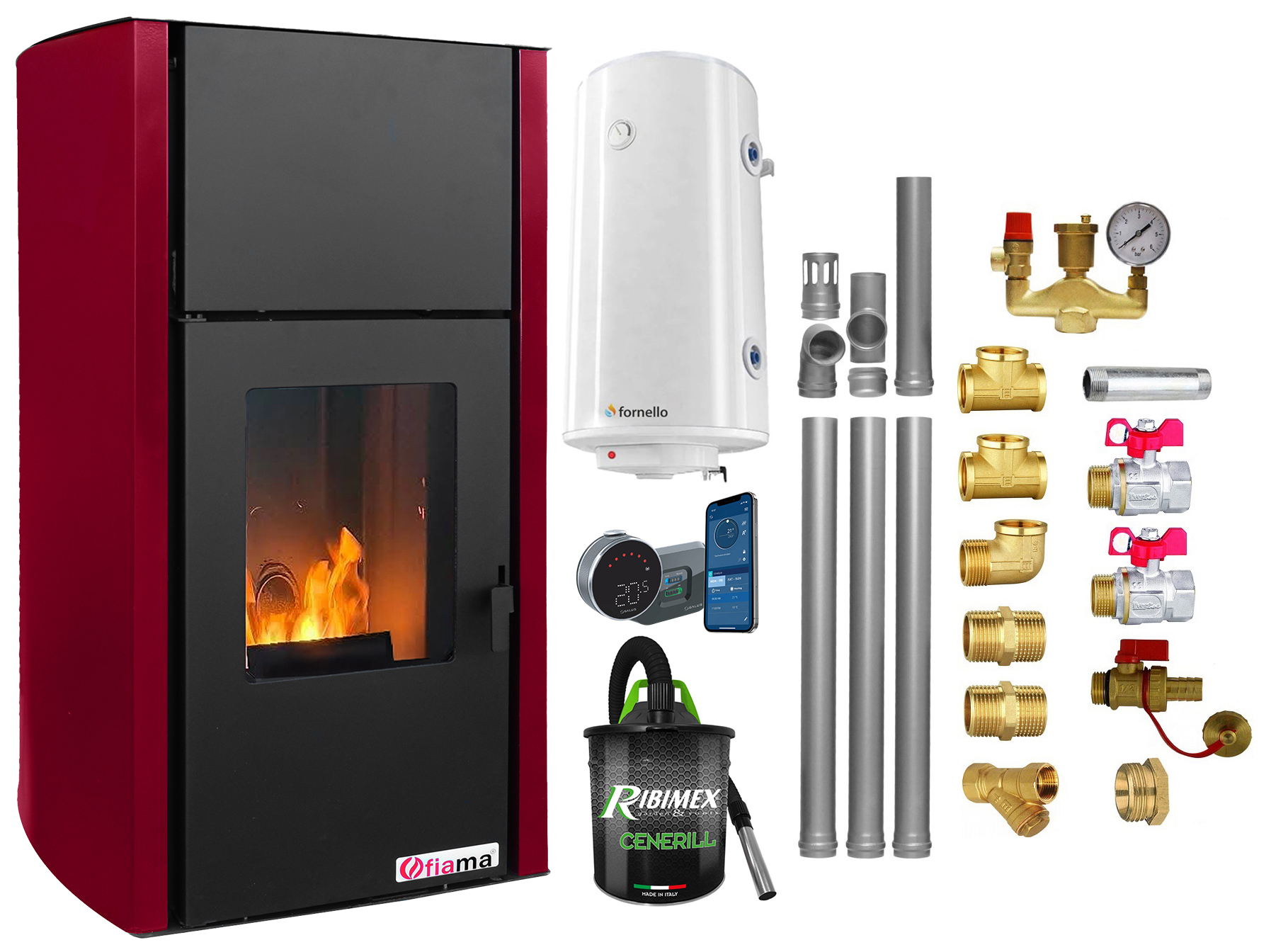 Pachet control de la distanta Termosemineu pe peleti Fornello Fiama Confort 25 kw culoare Bordeaux  complet echipat pentru incalzire Pompa Vas expansiune Automatizare Boiler 100 litri Termostat Salus IT 800 Aspirator Kit evacuare 3.5 ml si