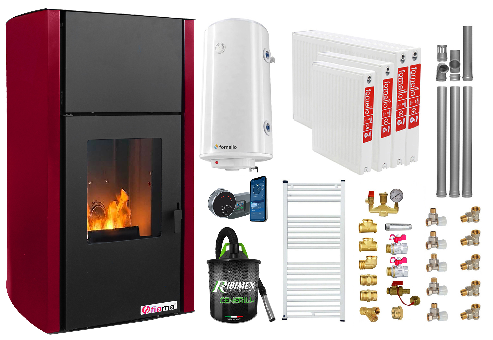 Pachet control de la distanta Termosemineu pe peleti Fornello Fiama Confort 25 kw culoare Bordeaux Pompa Vas expansiune Automatizare Radiatoare otel Boiler 100 litri Termostat Aspirator Kit 3.5 ml si Fitinguri montaj